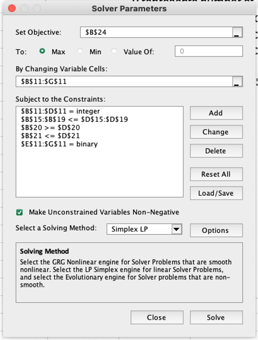 Solver settings for the Franklin Clothing Company problem
