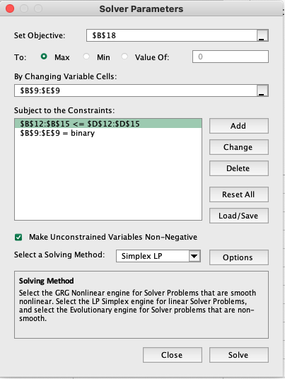 How to set up Solver for an ILP problem.