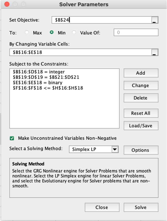 Solver settings for Jackie and Casey's wedding question.